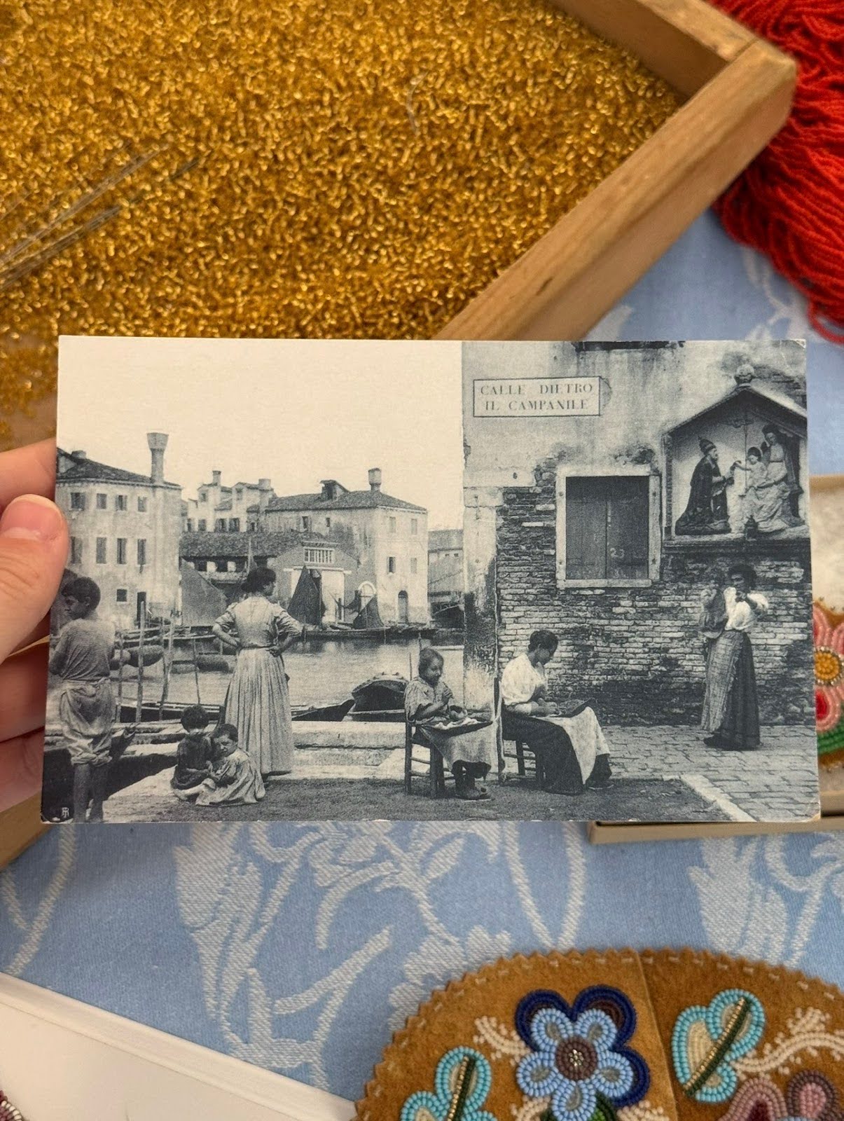 An historic image Marisa showed me of impiraresse stringing beads communally in the streets of Venice. Photography Credit: Claire Johnston
